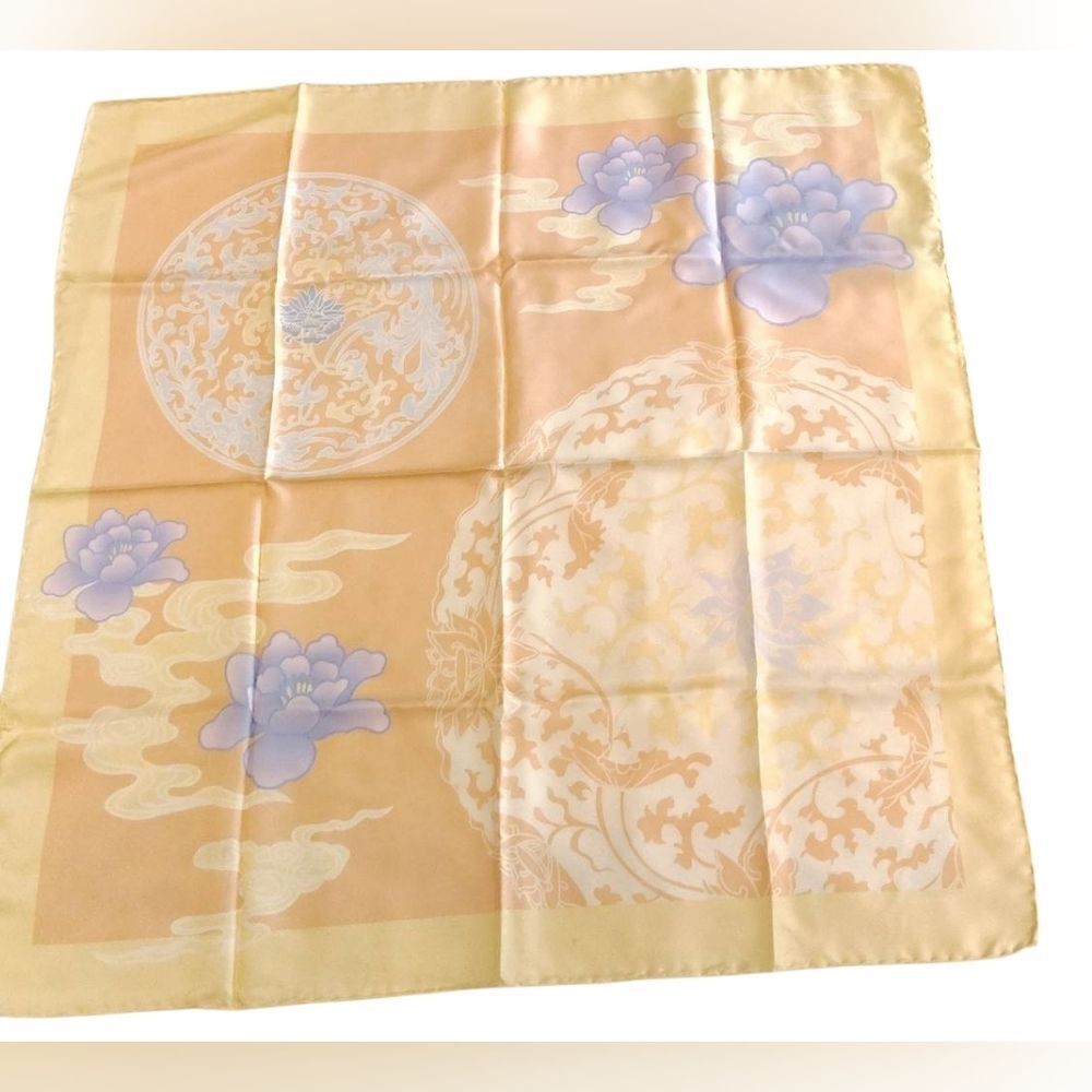 Marja Kurki Large Vintage  Floral Silk Scarf w/ Pastel Accents Rolled Hem